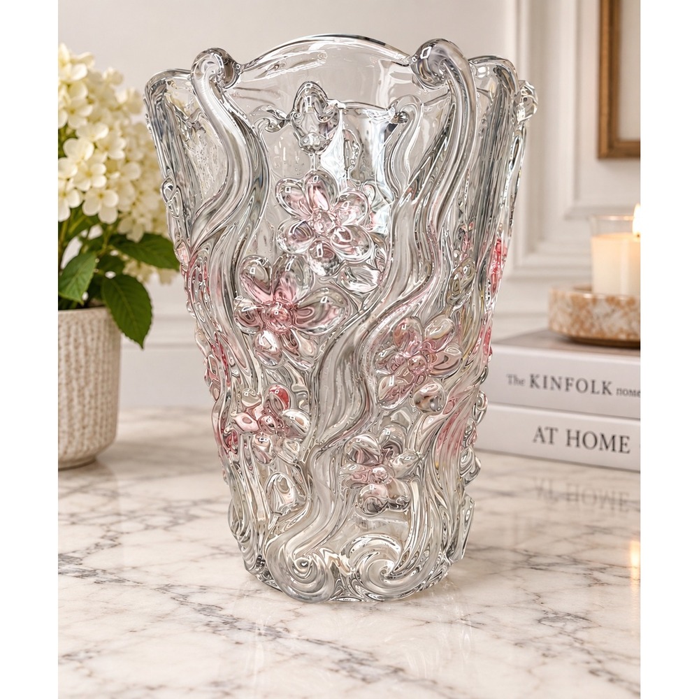 Vintage Pink Floral Swirl Glass Vase 10in Embossed Flower Art Glass Centerpiece